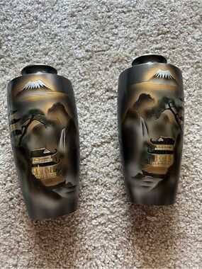 Hand-Painted Japanese Landscape Vases - Pair, Black & Gold
